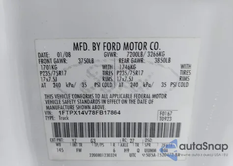 2008 Ford F150 from USA, damaged, VIN 1FTPX14V78FB17864